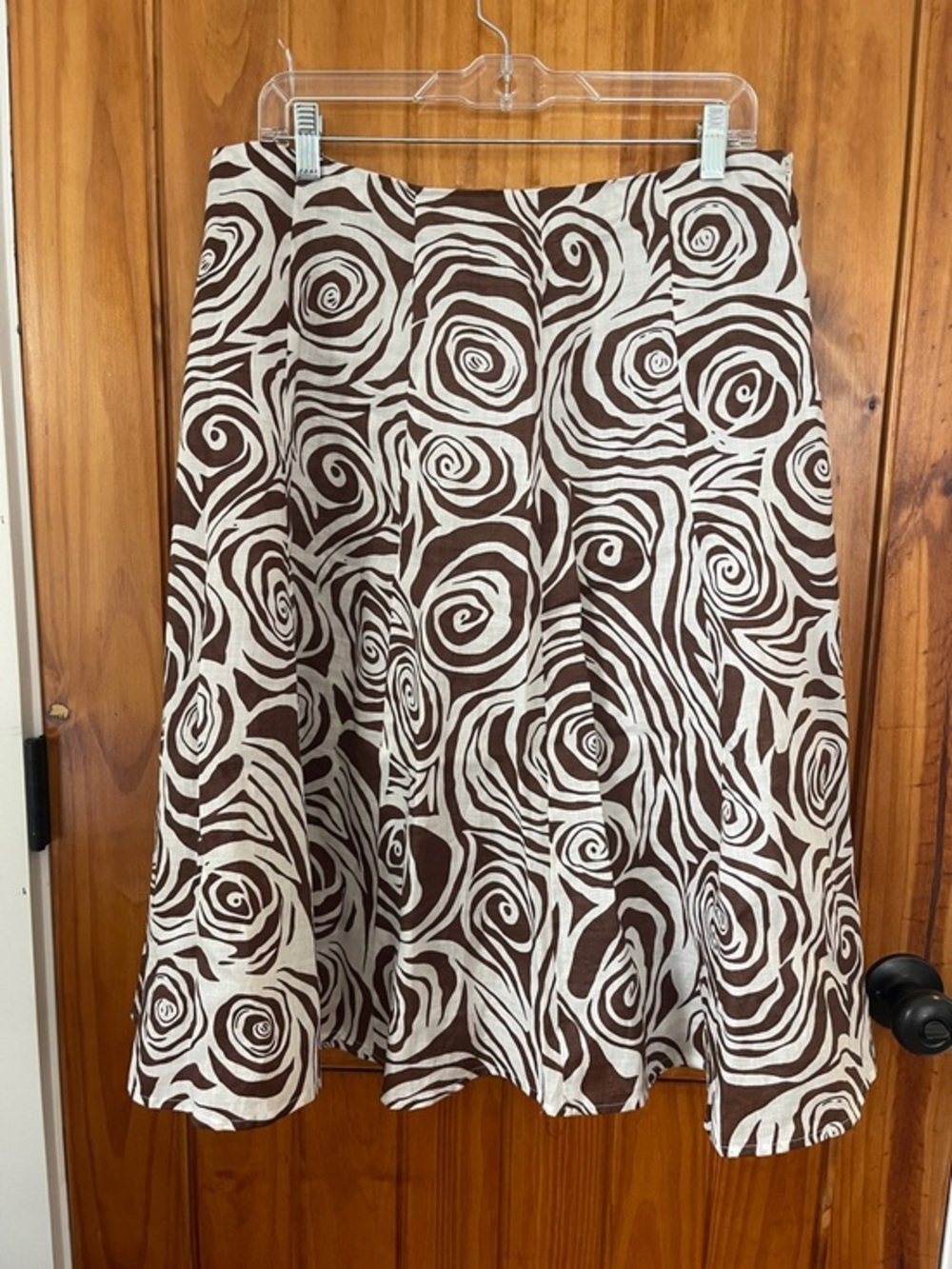 Allison Taylor Brown and White Swirl A-Line Midi Skirt Linen 14